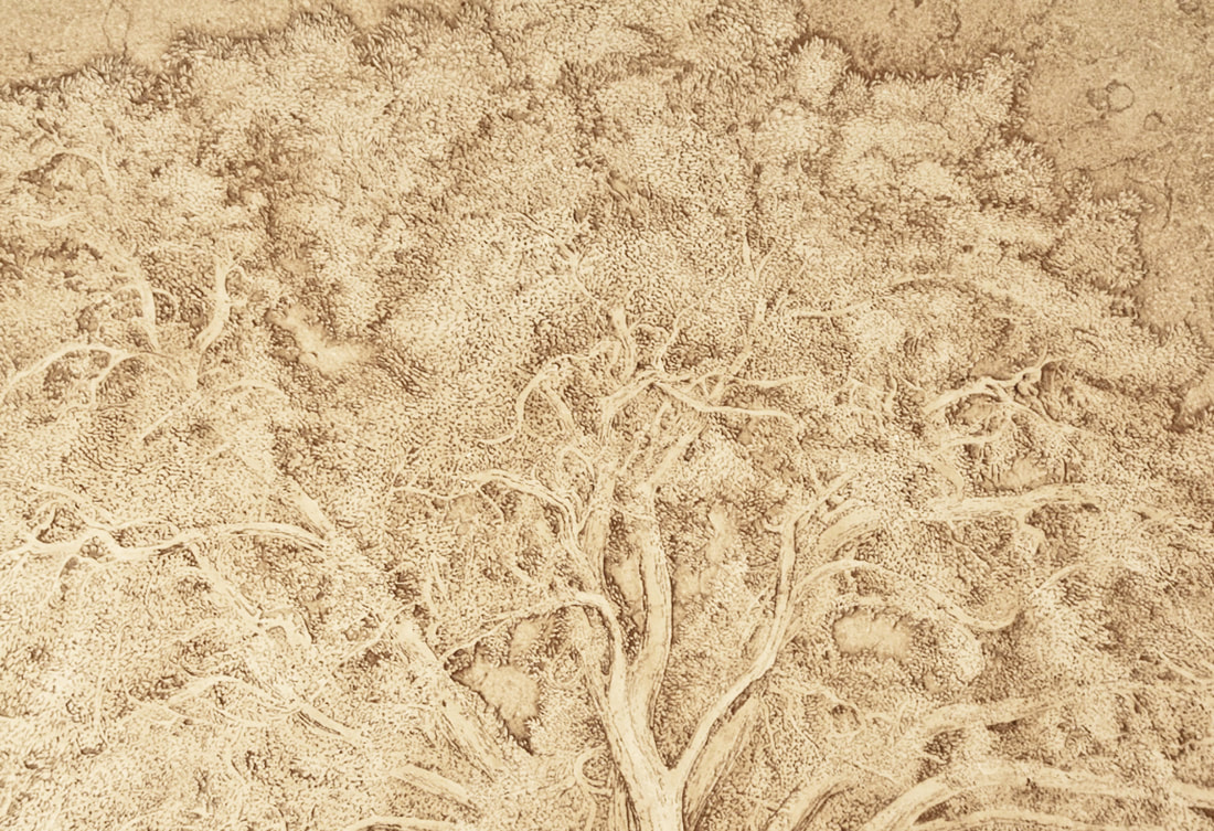 Detail closeup of hand carved Jerusalem stone slab mural for Oprah Winfrey in 2003 by artist Jamie Santaniello. Project was for Oprah's backsplash in her Montecito, Ca kitchen backsplash on her Promised Land property. The carving is of her favorite centuries old oak tree on her Promise Land.
jamiesantaniello.com Copyright©JS2003