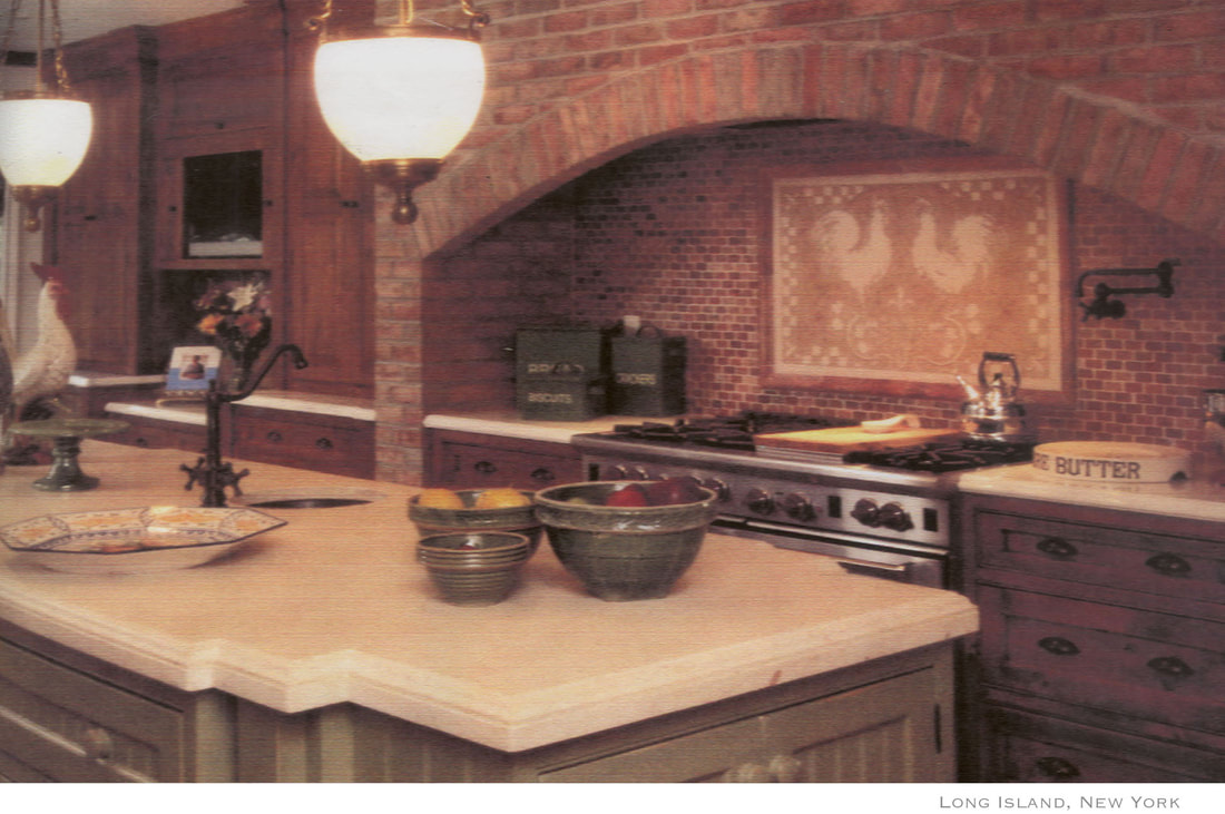 Artist Jamie Santaniello
Hand Carved Jerusalem stone slab "Morning Call" mural inlaid into a brick backsplash. Santa Margarita Tile Collection.
jamiesantaniello.com
Copyright©JS2007
Long Island, New York