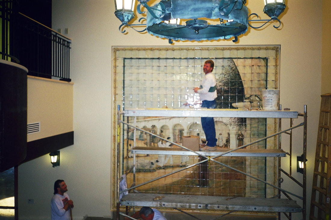 "Mission San Juan Capistrano Mural" by artist Jamie Santaniello is mounted and ready for grouting in the year 2000.